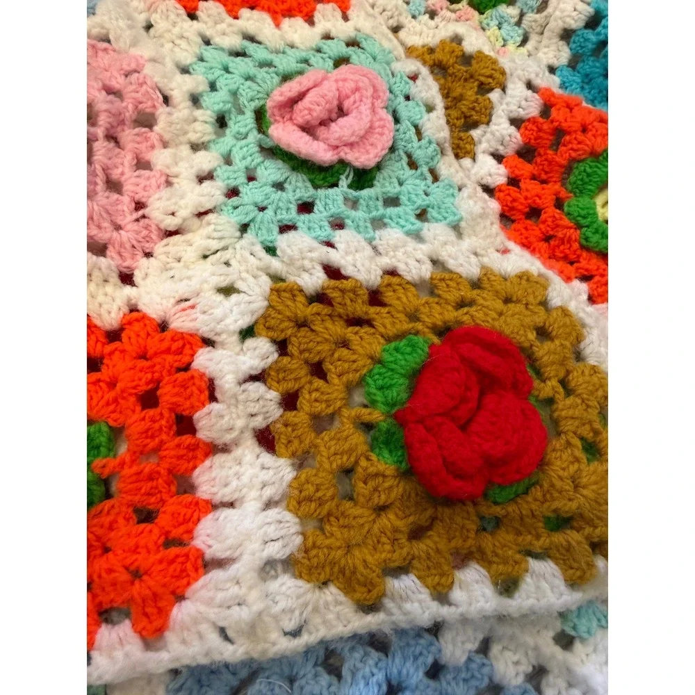 Crochet Granny Square Blanket Quilt Floral Retro Afghan Rainbow Throw Handmade